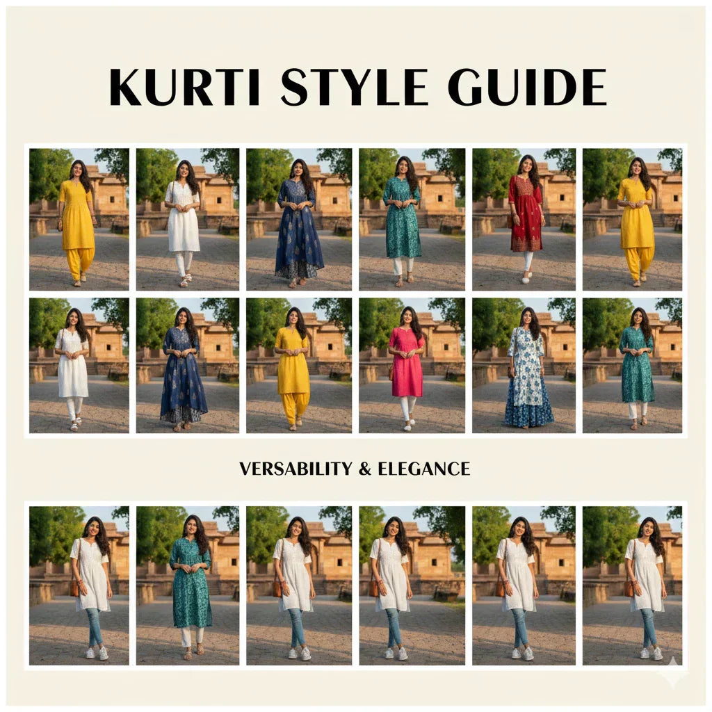image showing indian women wearing various kurtis and bottoms and accessories which is a styling guide 