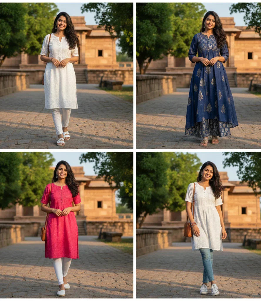 indian women wearing various types of kurtis with different bottoms such as leggins, cigerette pants and denim jeans