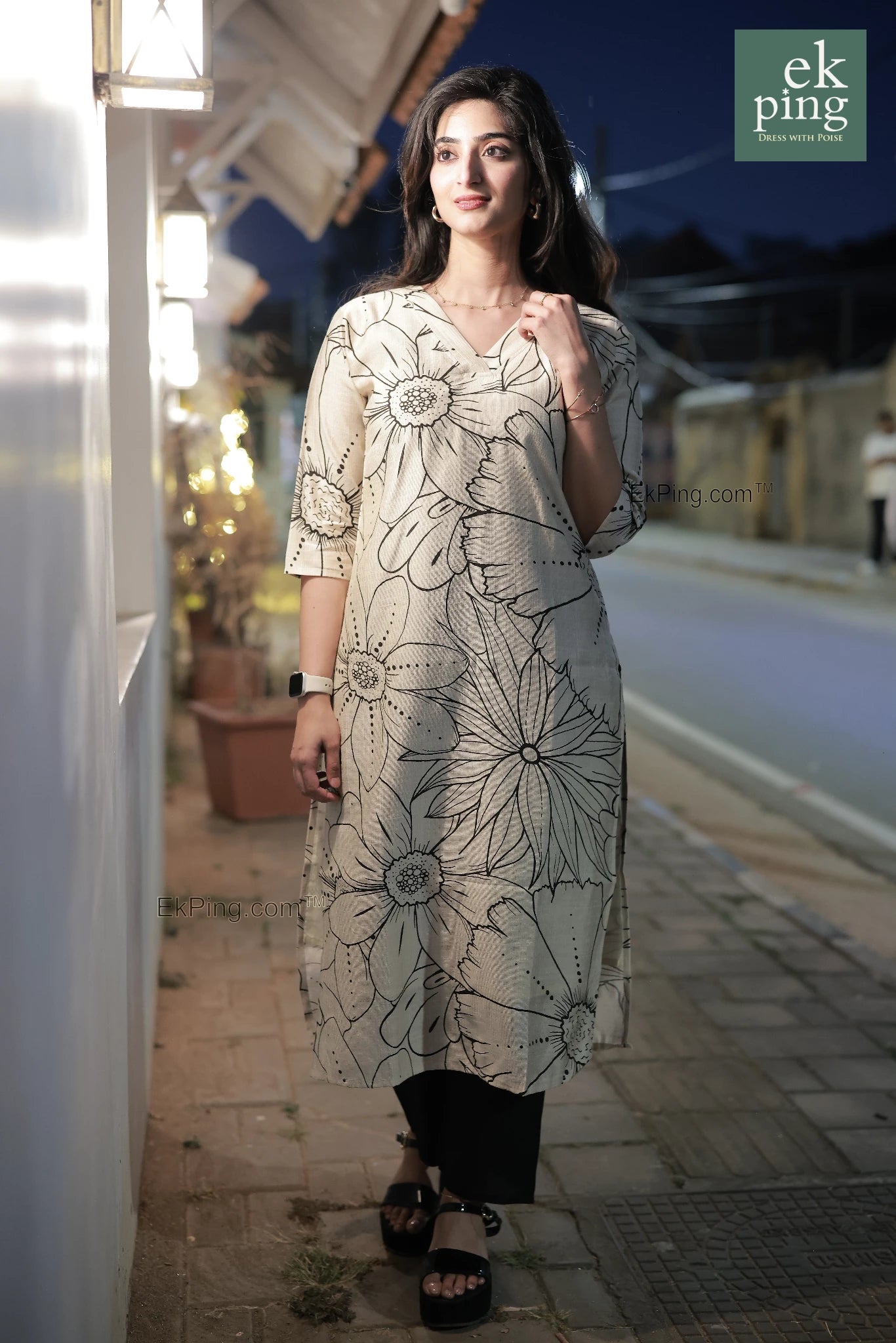 girl in cream floral office wear kurti top in street kochi