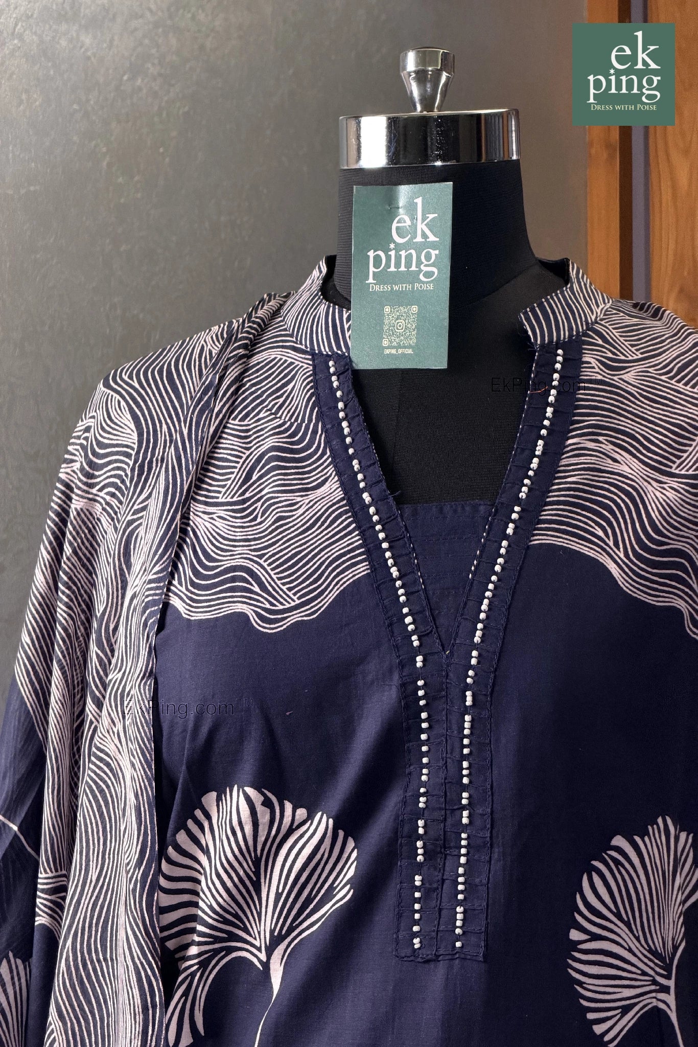 Navy black salwar kurti with white patterns on a manequin against a gray background, featuring 'ek ping' branding.