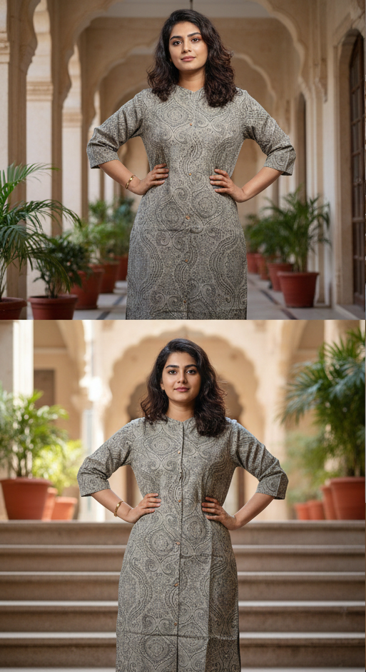 Woman in a gray patterned plus size office wear standing in an outdoor setting with plants and arches in background