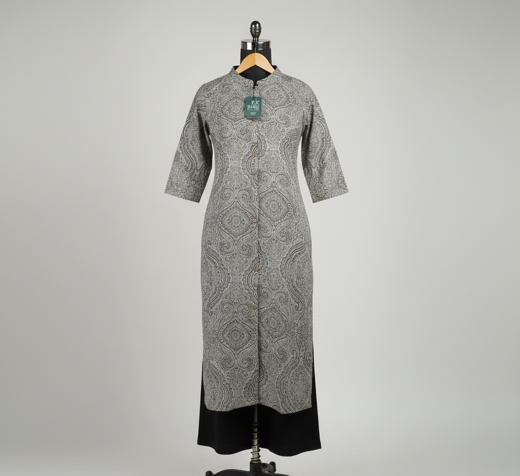 Gray plus size office wear kurti top on a mannequin against a gray background