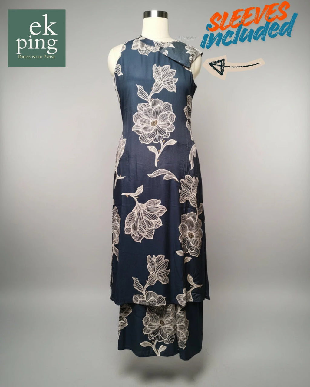 Navy floral dress on a manequin with 'ek ping' branding and text about sleeves included.