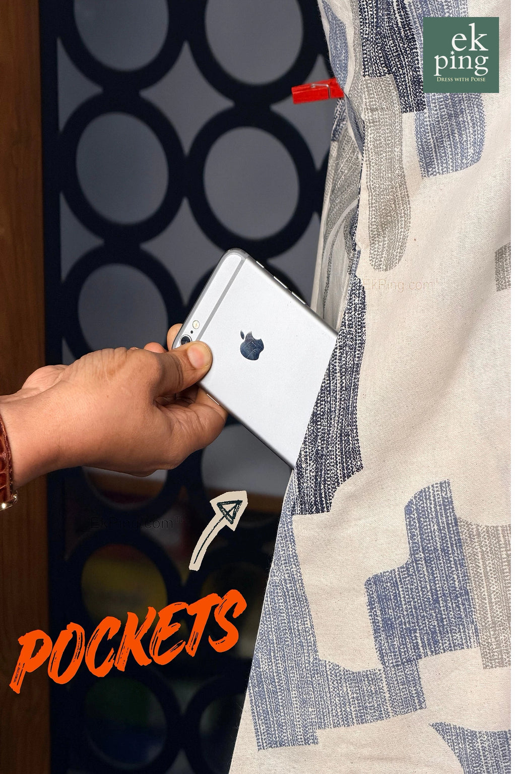 Person holding a phone next to a fabric with 'ek ping' branding, text 'POCKETS' visible.