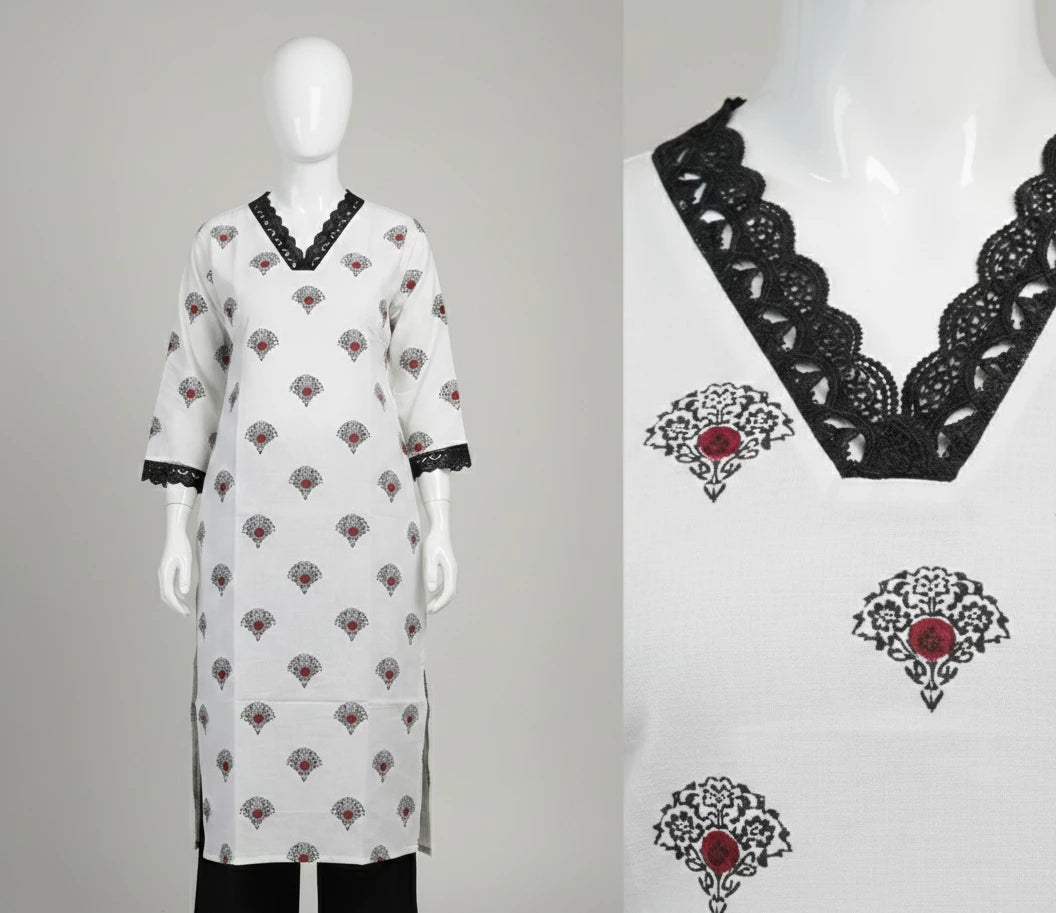 White office wear kurta with black and red embroidery on a mannequin against a gray background